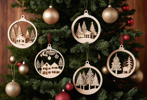 laser cut holiday decorations, nature-inspired wood ornament