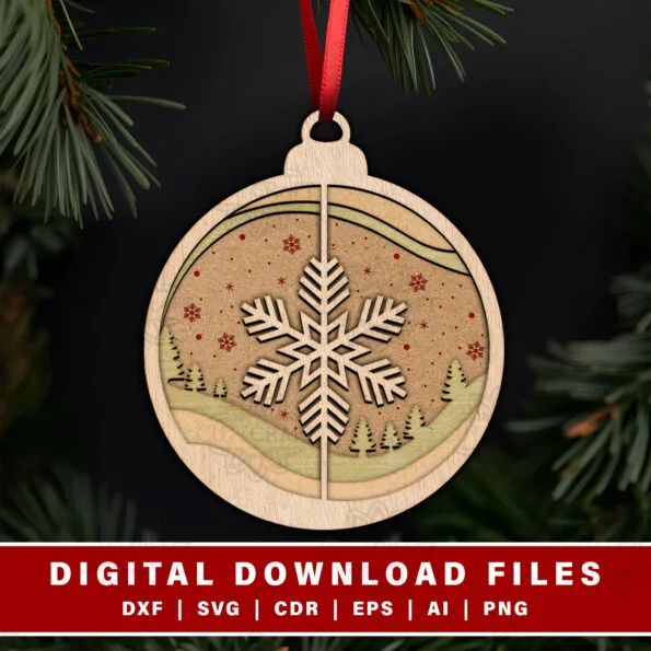7 Free Laser Cut Files for Christmas Ornaments to Create a Cozy, Unique Home 6 Snowy Hills with Star flake Free Laser Cut Files for Christmas