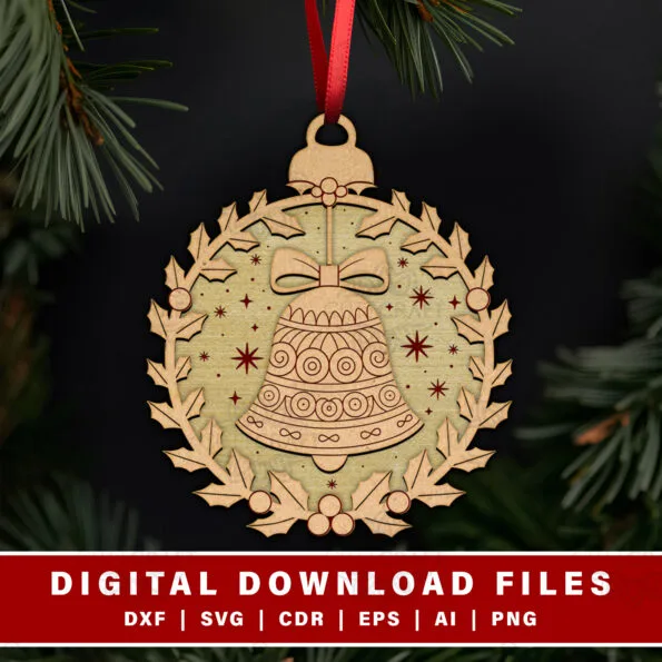 7 Free Laser Cut Files for Christmas Ornaments to Create a Cozy, Unique Home 7 Jingle Bell with Holly Wreath Free Laser Cut Files for Christmas