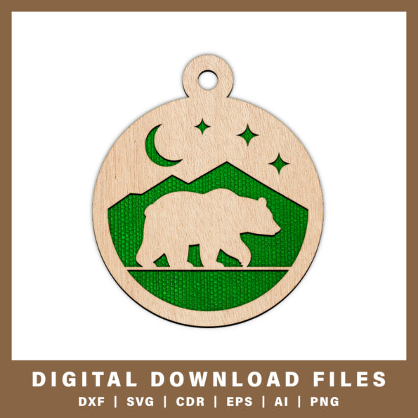 Bear in mountain night scene ornament DXF, SVG, CDR, EPS, AI, and PNG files