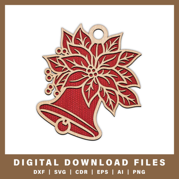 Bell with Festive Flower Laser Cut Christmas Ornament DXF, SVG, CDR, EPS, AI, and PNG files