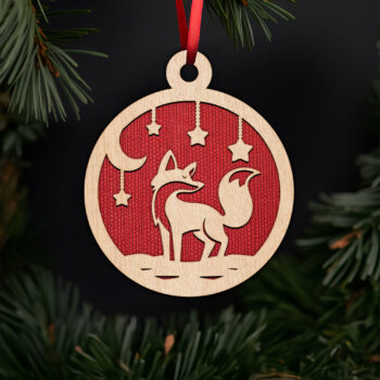 Charming fox ornament with moon and stars with noble fir tree