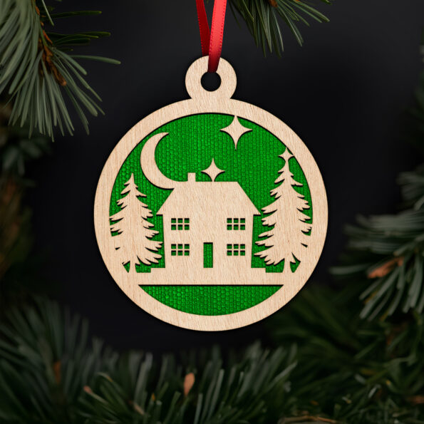 Charming winter house with trees ornament with noble fir tree