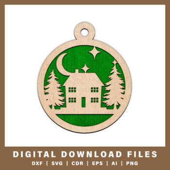 Charming winter house with trees ornament DXF, SVG, CDR, EPS, AI, and PNG files