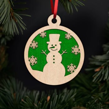 Cheerful snowman with top hat laser cut christmas ornament with Noble Fir tree