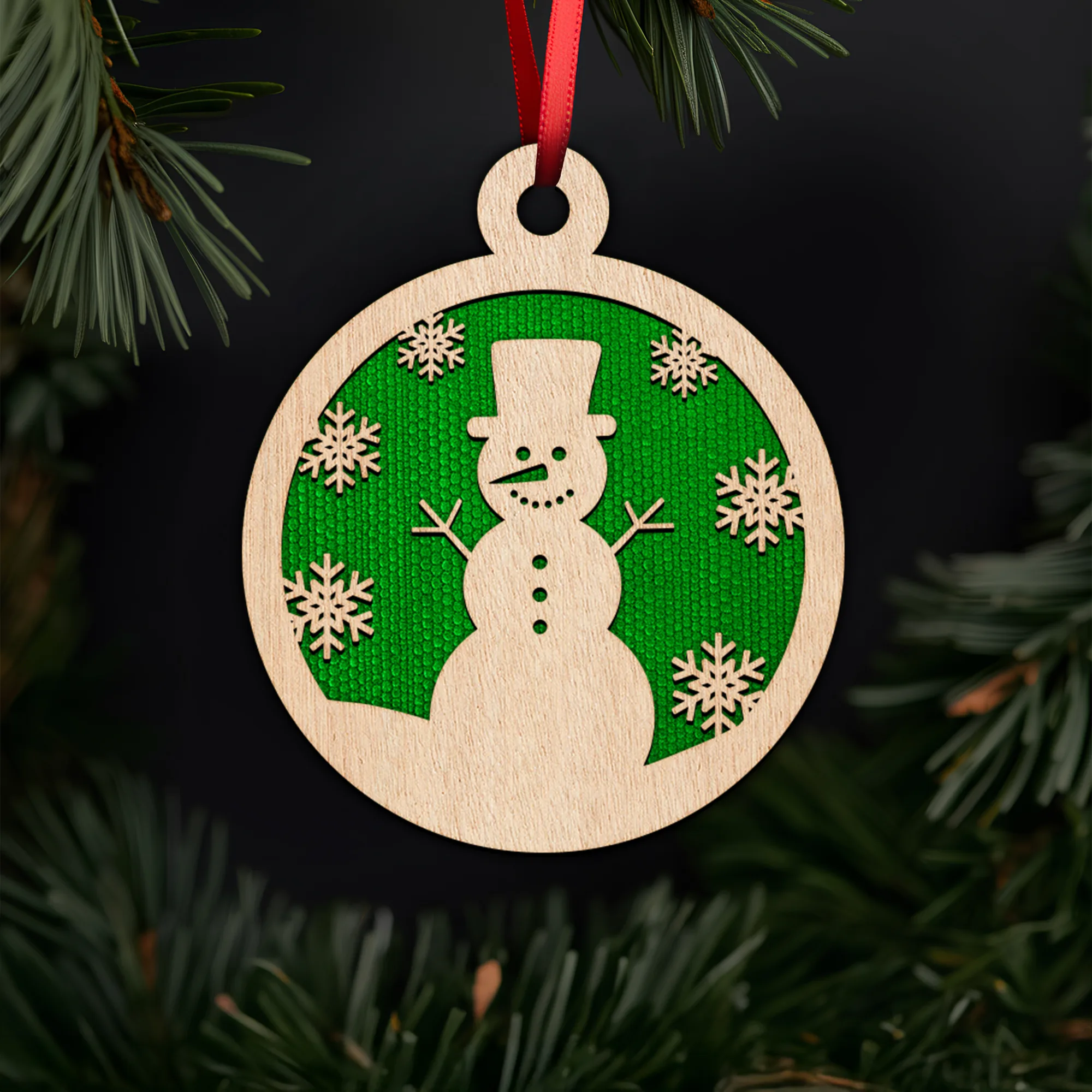 Cheerful snowman with top hat laser cut christmas ornament with Noble Fir tree