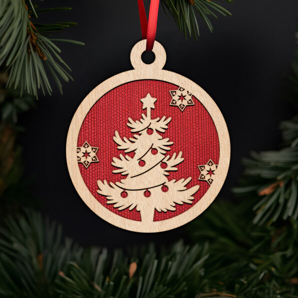 Decorated christmas tree ornament with snowflakes with noble fir tree