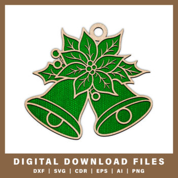 Double Bells with Holly Laser Cut Christmas Ornament DXF, SVG, CDR, EPS, AI, and PNG files