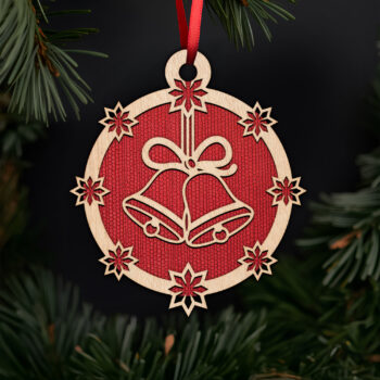 Festive bell ornament with star border with noble fir tree