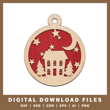 Festive cottage with stars and moon ornament DXF, SVG, CDR, EPS, AI, and PNG files