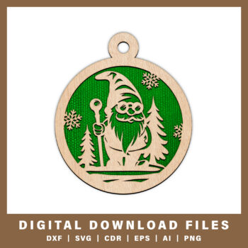 Festive gnome in snowy forest ornament DXF, SVG, CDR, EPS, AI, and PNG files