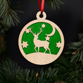 Graceful deer ornament with moon and stars with noble fir tree