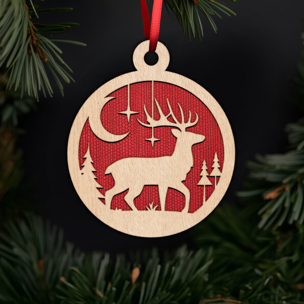 Graceful reindeer in night forest ornament with noble fir tree