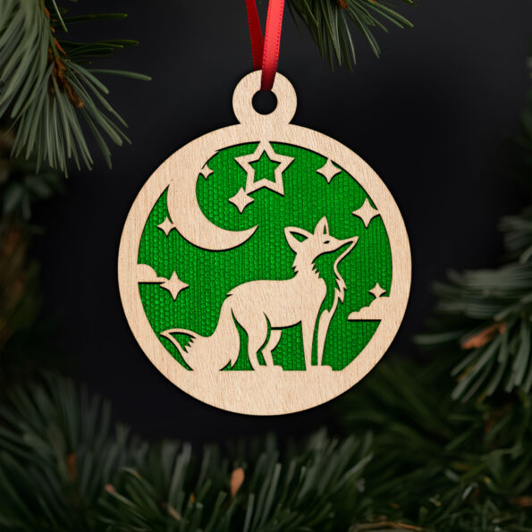 Majestic fox and moon ornament with noble fir tree