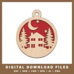 Peaceful Winter House with Moon Ornament – Laser Cut Christmas File 1 peaceful-winter-house-with-moon-ornament-with-noble-fir-tree