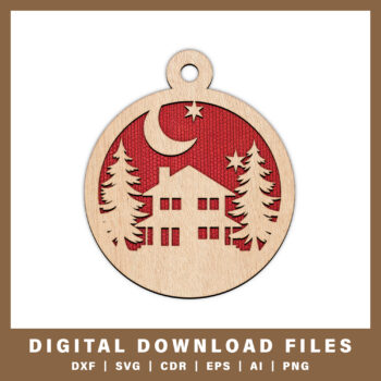 Peaceful winter house with moon ornament DXF, SVG, CDR, EPS, AI, and PNG files