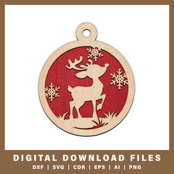 Playful reindeer with snowflakes ornament DXF, SVG, CDR, EPS, AI, and PNG files