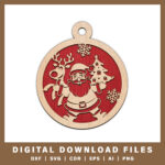 Santa and reindeer with christmas tree ornament DXF, SVG, CDR, EPS, AI, and PNG files