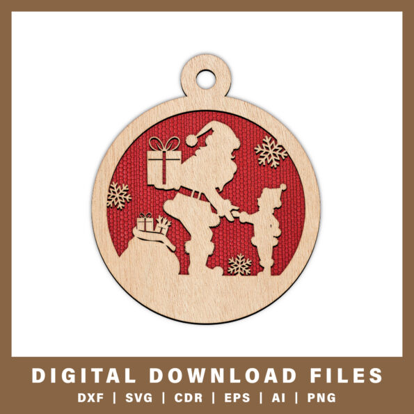 Santa giving gift to child ornament DXF, SVG, CDR, EPS, AI, and PNG files