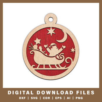 Santa in sleigh with moon ornament DXF, SVG, CDR, EPS, AI, and PNG files