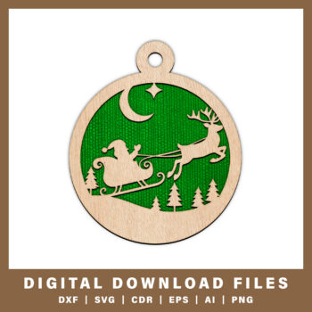 Santa sleigh with reindeer ornament DXF, SVG, CDR, EPS, AI, and PNG files