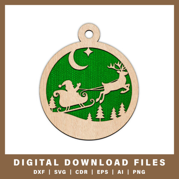 Santa sleigh with reindeer ornament DXF, SVG, CDR, EPS, AI, and PNG files