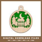 Tranquil winter cottage with trees ornament DXF, SVG, CDR, EPS, AI, and PNG files