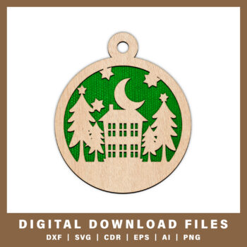 Tranquil winter cottage with trees ornament DXF, SVG, CDR, EPS, AI, and PNG files