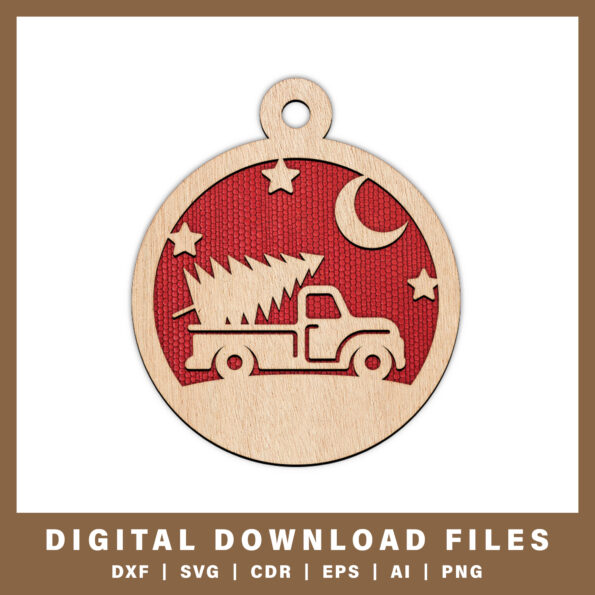 Truck with christmas tree and moon ornament DXF, SVG, CDR, EPS, AI, and PNG files