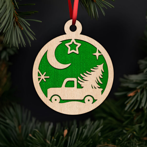 Vintage truck with christmas tree ornament with noble fir tree