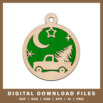 Vintage truck with christmas tree ornament DXF, SVG, CDR, EPS, AI, and PNG files