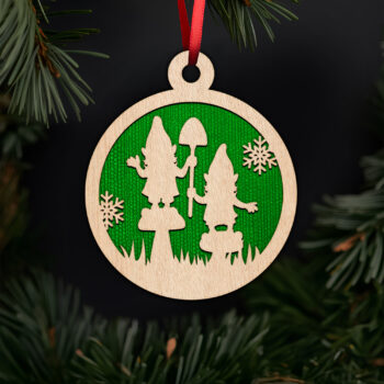 Whimsical gnome pair ornament with noble fir tree